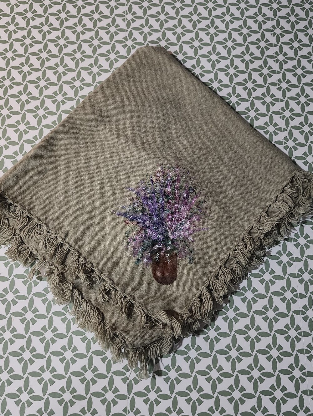 Fringed Hand Painted Cloth Napkin with Floral Vase Print